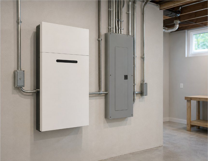Battery mounted on a basement wall beside the electrical panel