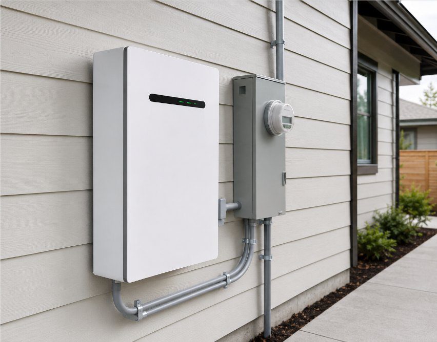 Battery mounted on the exterior wall of a house