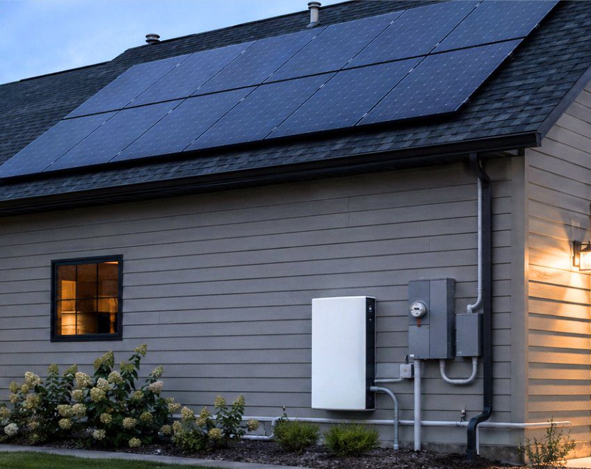 Existing rooftop solar array on a house at dusk