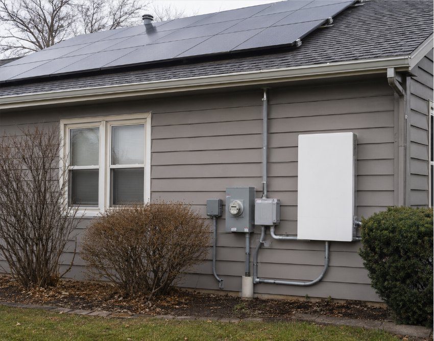 Home with rooftop solar panels and a wall-mounted battery