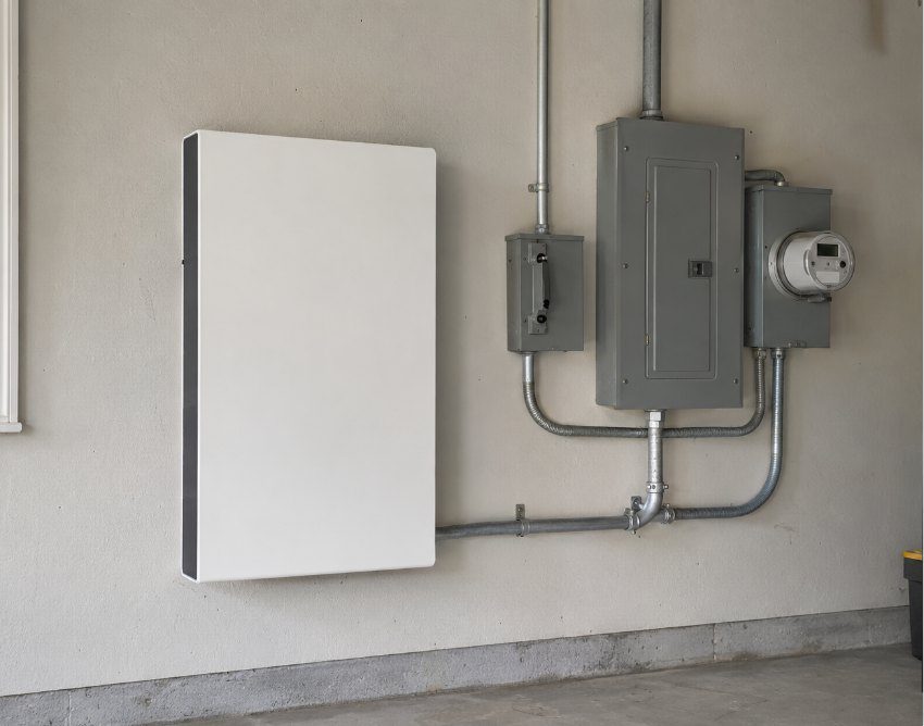 Battery and electrical panel mounted on a wall