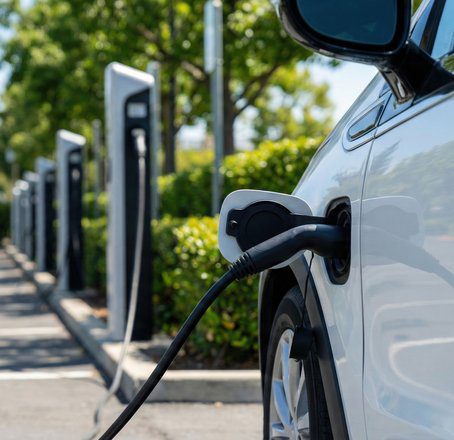 Electric car charging at a row of EV stations