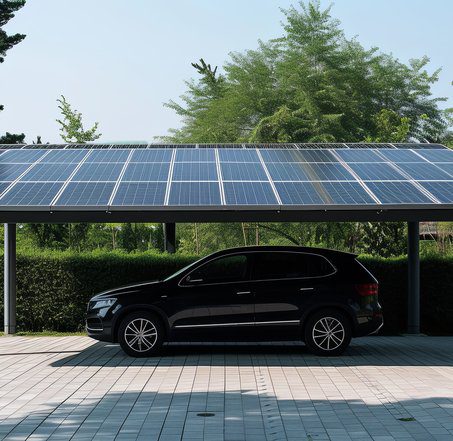 Solar carport shading a parked SUV