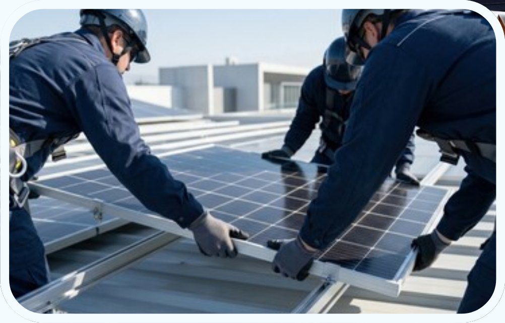 Installers setting a solar panel on a commercial roof